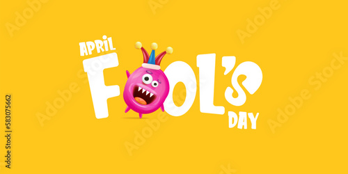 April Fools day funky horizontal banner with silly pink clown monster character isolated on orange background. 1 st april fool day banner, poster, label, flyer and greeting card. Fool day print