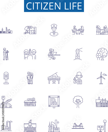 Citizen life line icons signs set. Design collection of Citizen, life, living, rights, duty, registration, homeland, identity outline concept vector illustrations