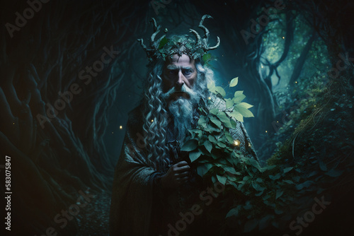 A mystical druid standing in a lush forest glade, surrounded by ethereal wisps of magic. intricate details of the druid's robes and staff. a touch of dreaminess. fantasy Ai	