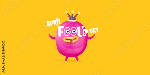 April Fools day funky horizontal banner with silly pink clown monster character isolated on orange background. 1 st april fool day banner, poster, label, flyer and greeting card. Fool day print