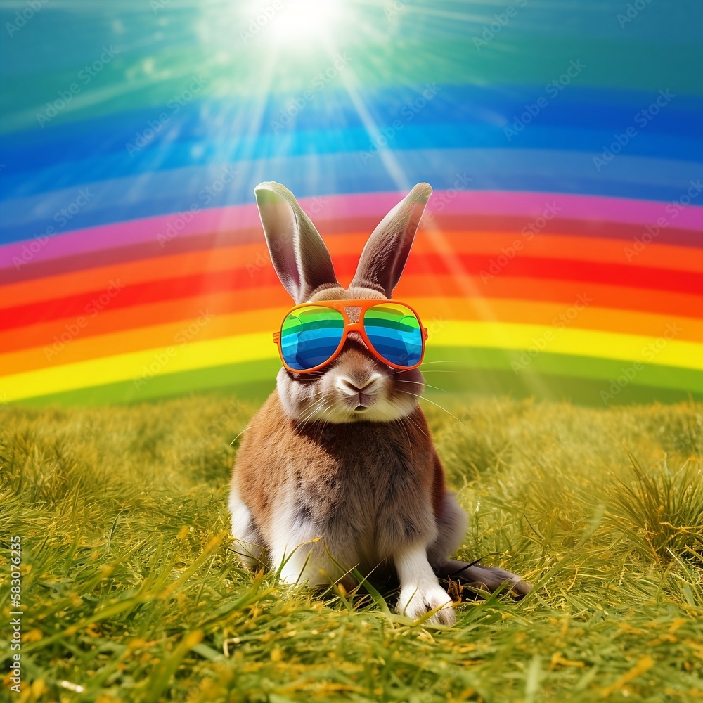 Cute Easter bunny sitting in a grass fields with Colorful feeling and sunglasses, Rainbow is huge on the background and sun is Shining, Generative AI, 