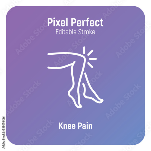 Knee pain, arthritis symptom thin line icon. Joint inflammation. Pixel perfect, editable stroke. Vector illustration.