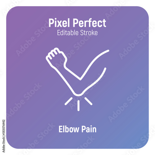 Elbow pain, arthritis symptom thin line icon. Joint inflammation. Pixel perfect, editable stroke. Vector illustration.