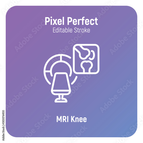 MRI knee scan. Arthritis diagnostics. Thin line icon, pixel perfect, editable stroke. Vector illustration.