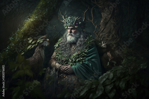 A wise druid communing with nature in a mystical forest  surrounded by verdant foliage and magical creatures.  fantasy   Ai