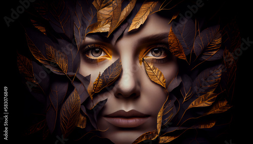 Fashion portrait style female face covered with gold leaf on black background . Generate Ai.