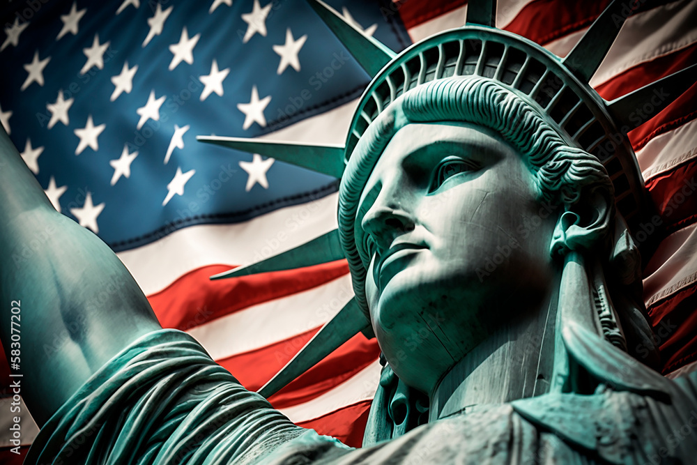 Obraz premium Statue of liberty with an American flag flying in the background. The concept of democracy and freedom, the Fourth of July holiday Independence Day in the United States. Generative AI.
