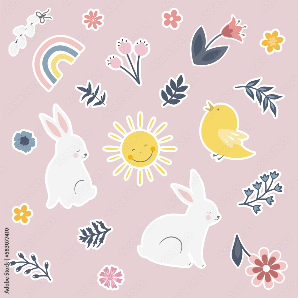 Cute stickers with bunny, flowers, leaves and chicken. Stickers for happy easter