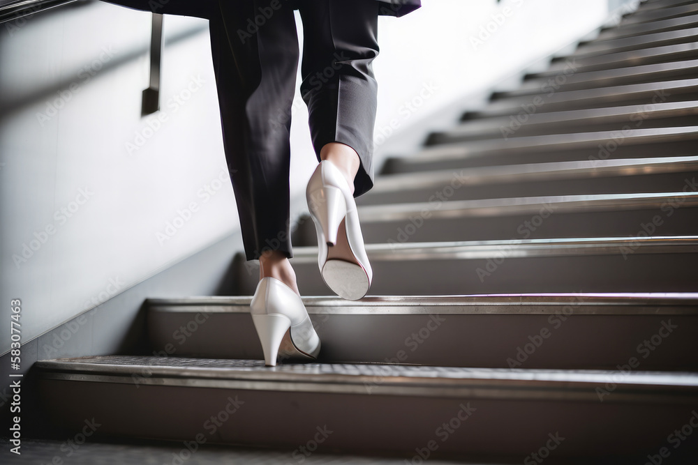 Close up of business womans feet walking up a set of stairs to reach their goals. Generative ai Close up of business womans feet walking up a set of stairs to reach their goals. Generative ai