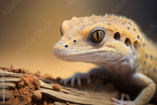 Sand gecko stenodactylus petrii, head closeup on wooden background. Generative AI photo