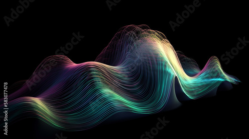 abstract fluid 3D render holographic iridescent neon curved wave in motion on a dark background.  design element that can be used for banners, backgrounds, wallpapers, and cover (AI generated) photo