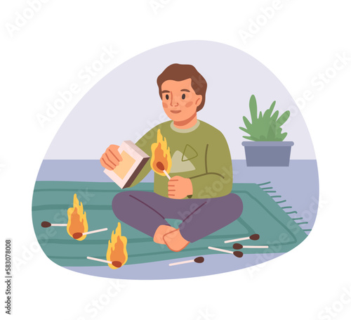 Boy child playing with matches, kid dangerous behavior at home unwatched by parents. Kiddo causing fire, risk of burning. Flat cartoon, vector illustration