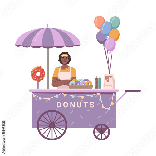 Donuts stall, isolated street kiosk with seller and tasty confectionery product. Selling dessert to go, sweets and pastries. Flat cartoon, vector illustration