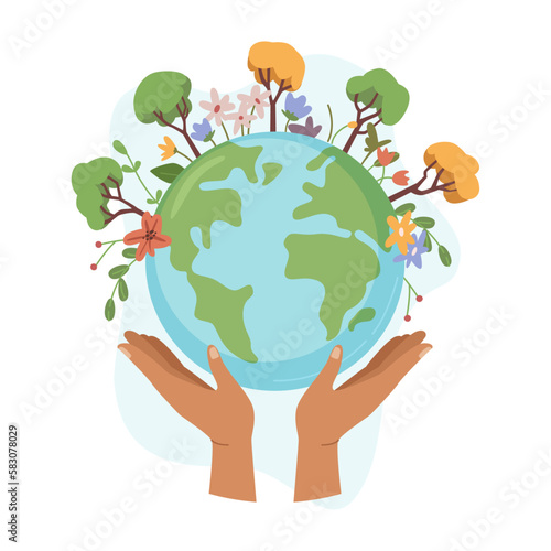 Nature preservation and saving ecology and environment on planet earth. Isolated globe with plants and blossom, flowers and botany. Vector in flat style