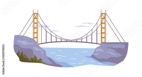 Suspension bridge connecting river banks, overpass for people and vehicles. Road or way for cars and transportation, city architecture. Vector in flat style