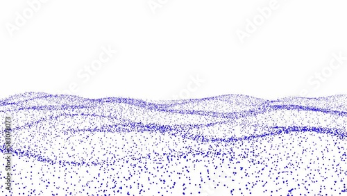 Slow waves in blue 3D particle net with reduced depth of field in white space as abstract background	
