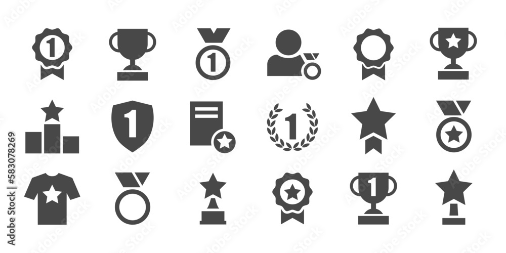 Set with award, award with number 1, one, trophy cup, trophy cup with star winner medal, trophy star, user with rating vector icon  - obrazy, fototapety, plakaty 