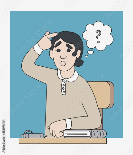 The young man considered the question. Vector color isolated illustration cartoon style.