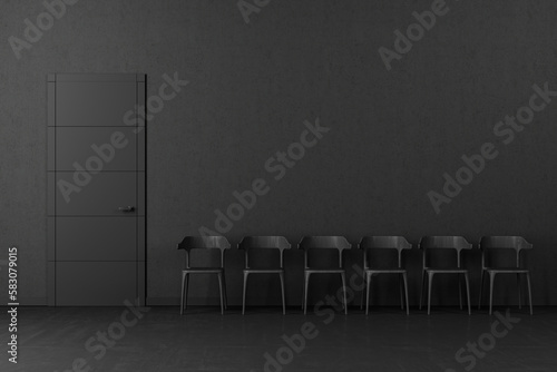 Monochromatic black waiting room interior with chairs in a row and entrance door. Chairs in a line toned black anteroom. Black pastel style waiting room mock up concept.