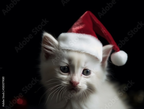 Putzige weiße Katze mit Weihnachtsmütze blickt in die Kamera, ai generativ © www.freund-foto.de