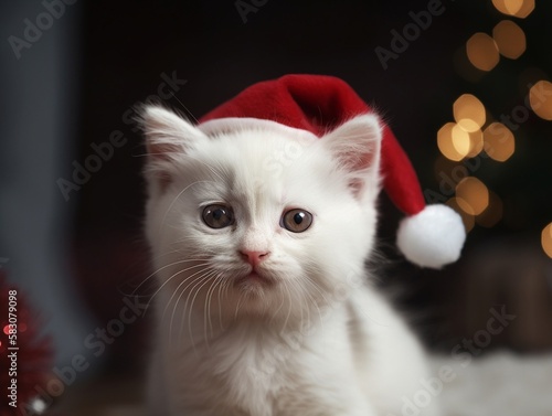 Putzige weiße Katze mit Weihnachtsmütze blickt in die Kamera, ai generativ