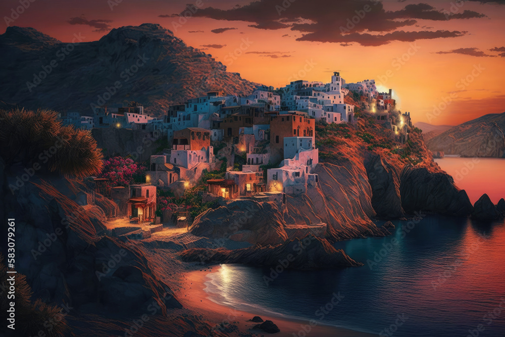 beautiful greek island in the evening with a ancient village, mediterranean sunset landscape with romantic lights, generative AI
