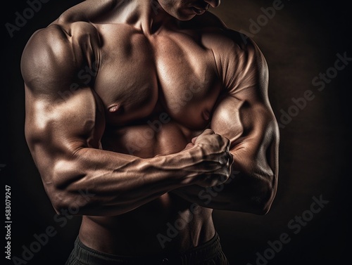 Sportlicher Bodybuilder mit kraftvoller und muskulöser Figur posiert. AI generativ