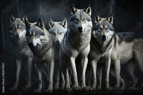 pack of grey wolves  predator in the night  wild hunter  generative AI
