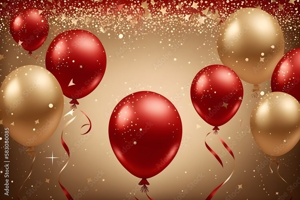 Red and gold air balloons, birthday party template background, AI generated Red and gold air balloons, birthday party template background, AI generated