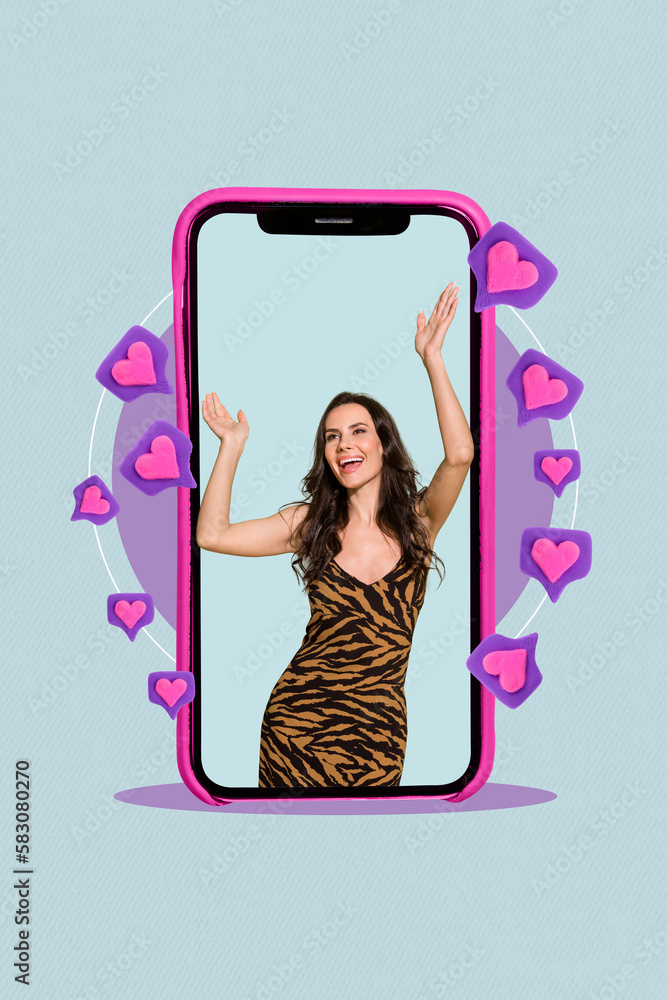 Photo composite collage of young lady glamour leopard print dress have fun dance satisfied popular girlfriend candidate isolated on blue background Photo composite collage of young lady glamour leopard print dress have fun dance satisfied popular girlfriend candidate isolated on blue background