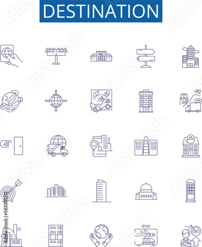 Destination line icons signs set. Design collection of Destination, Outcome, Aim, Wish, Goal, End, Terminus, Intention outline concept vector illustrations