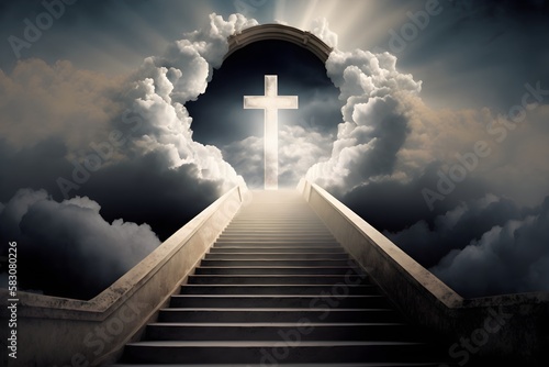 Stairway to heaven in the clouds with cross at the end, AI generated