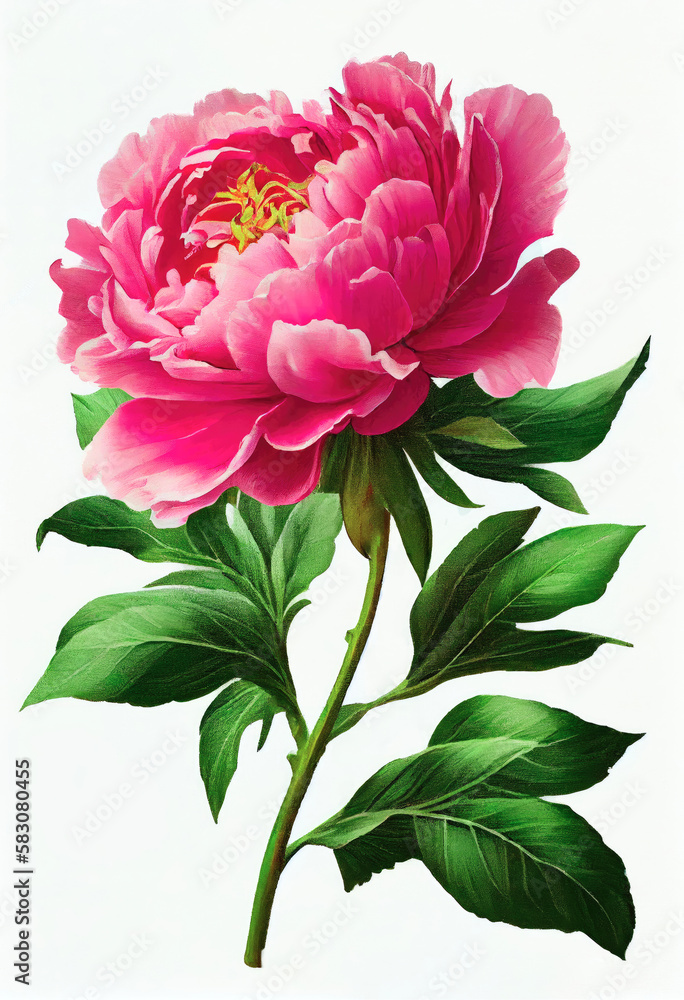 Pink peony flower drawing isolated on white background. Watercolor, hand drawn style, ai generation