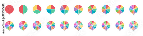 Pie chart color icons. Segment slice set. Circle section graph. 1,20,19,18,16,9 segment infographic. Wheel round diagram part. Three phase, six circular cycle. Geometric element. Vector illustration