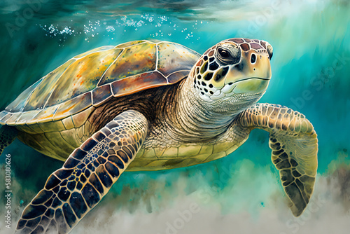 Colorful turtle watercolor painting style, AI generated