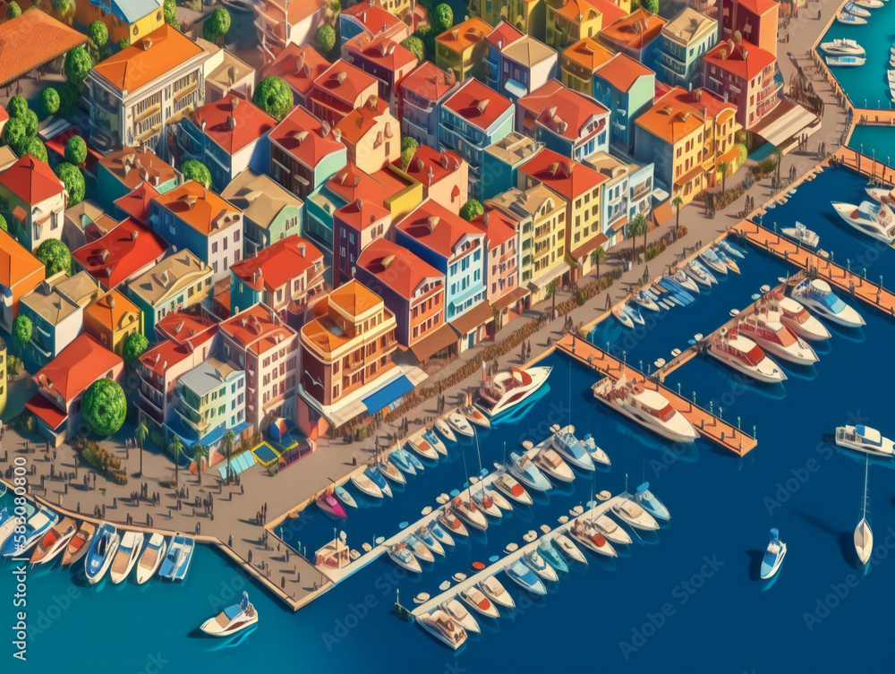 coastal city skyline from above, breathtaking aerial scenery, travel and vacation hotspot, generative AI
