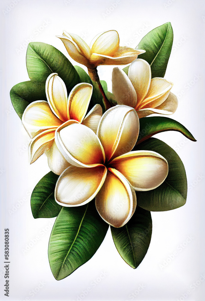 Plumeria, frangipani flower drawing isolated on white background. Watercolor, hand drawn style, ai generation