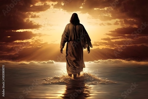 Jesus Christ walking on the water on the sunset, AI generated