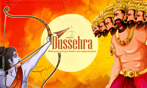 illustration of hand lettring i calligraphy of indian festival dussehra with Lord Rama holding Bow and Arrow killing ravana.
