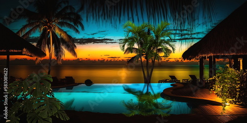  night resort tropical palm and straw bungalow green blue pool water candles on table and blurred candles light starry sky exotic holiday vacation travel backgrounds generated ai