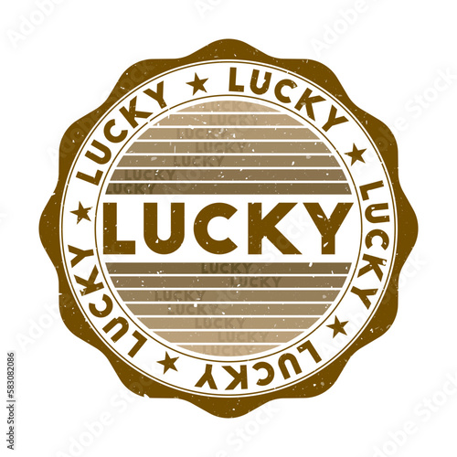 Lucky badge. Grunge word round stamp with texture in Ayahuasca Vine color theme. Vintage style geometric lucky seal with gradient stripes. Superb vector illustration.