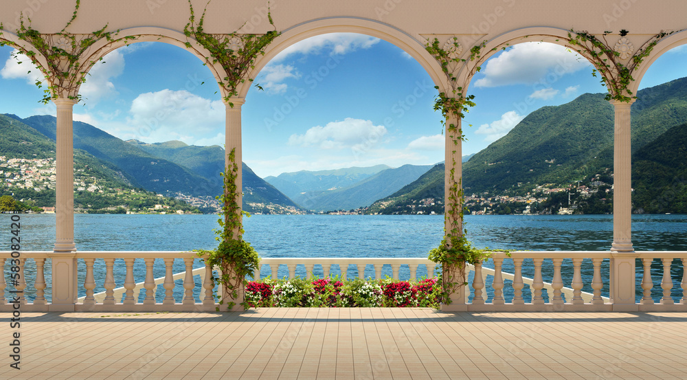 Beautiful view from the terrace over Lake Como and the mountains. Terrace with columns and balustrade of a Mediterranean palazzo on a sunny day. - obrazy, fototapety, plakaty 