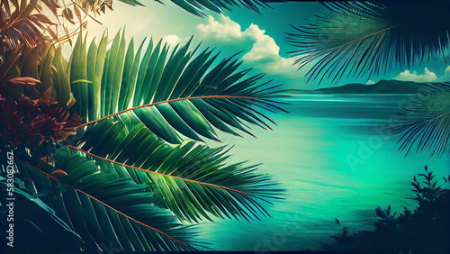 Branches of palm trees create shade in sand. Summer landscape of tropical island with Generative AI.