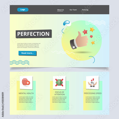 Perfection flat landing page website template. Mental health, focus of attention, processing speed. Web banner with header, content and footer. Vector illustration.