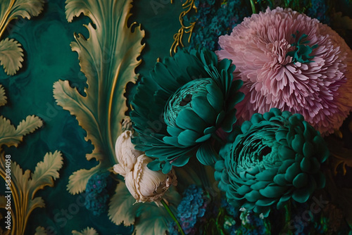 a wallpaper vintage stylish opulent luxurious ornate with anthocyanin - malachite - inspired flowers concept,generative ai. photo