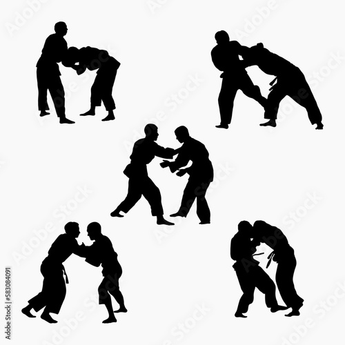 Silhouettes judoist, judoka, fighter in a duel, fight, judo sport. Martial art. Sportsmanship. Sport silhouettes pack