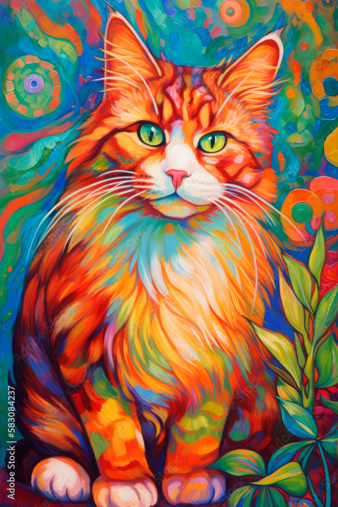 A colorful oil painting of a cute Maine Coon cat. AI generated.
