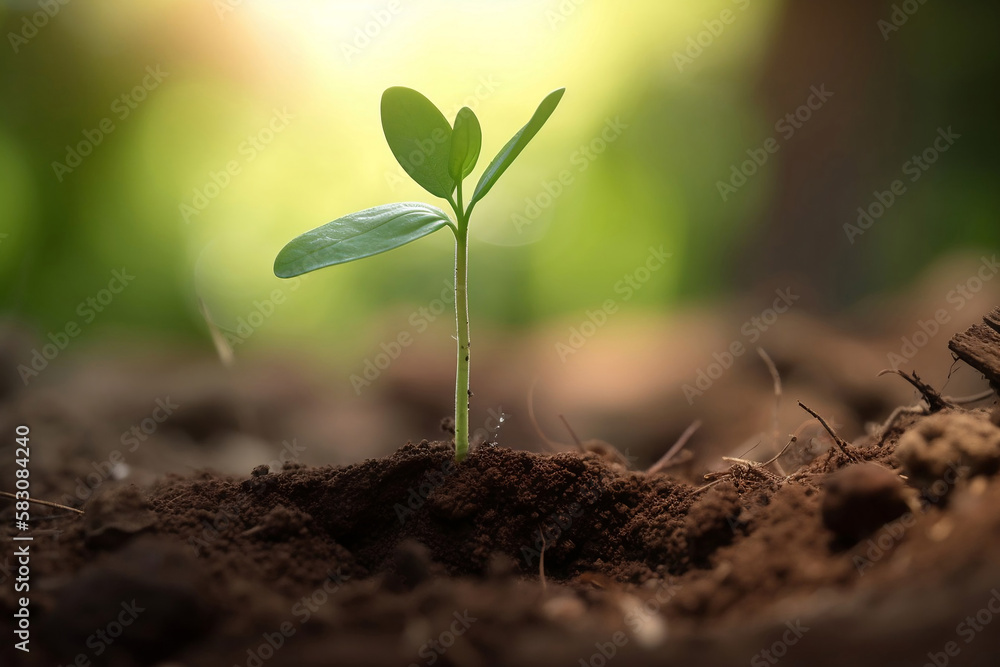 Close up Young plant growing in fresh soil over bokeh background Close up Young plant growing in fresh soil over bokeh background