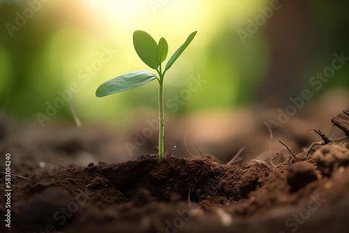 Close up Young plant growing in fresh soil over bokeh background