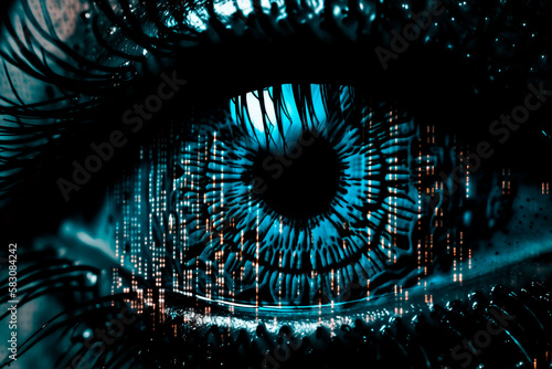 Close-up of a digital eye.Data network and cyber security technology background.AI generated.